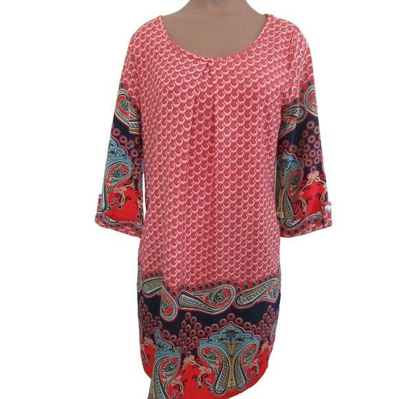 Peach Love California Dresses & Skirts - Peach Love Small Dress orange-red blue print paisley 3/4 Sleeve Lined Women USA